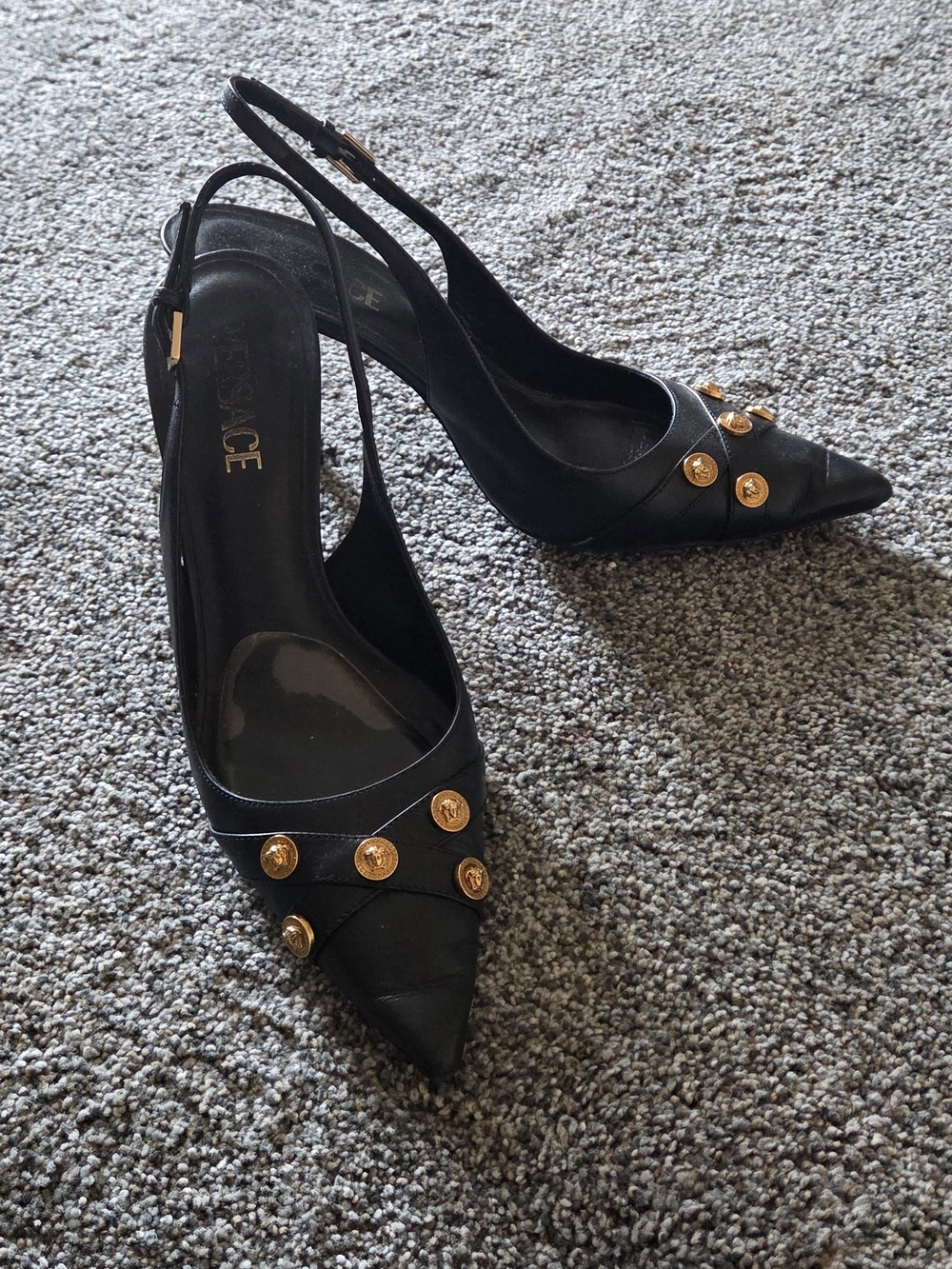 Versace Black Pointed Slingback Heels with Gold Medallion Buttons